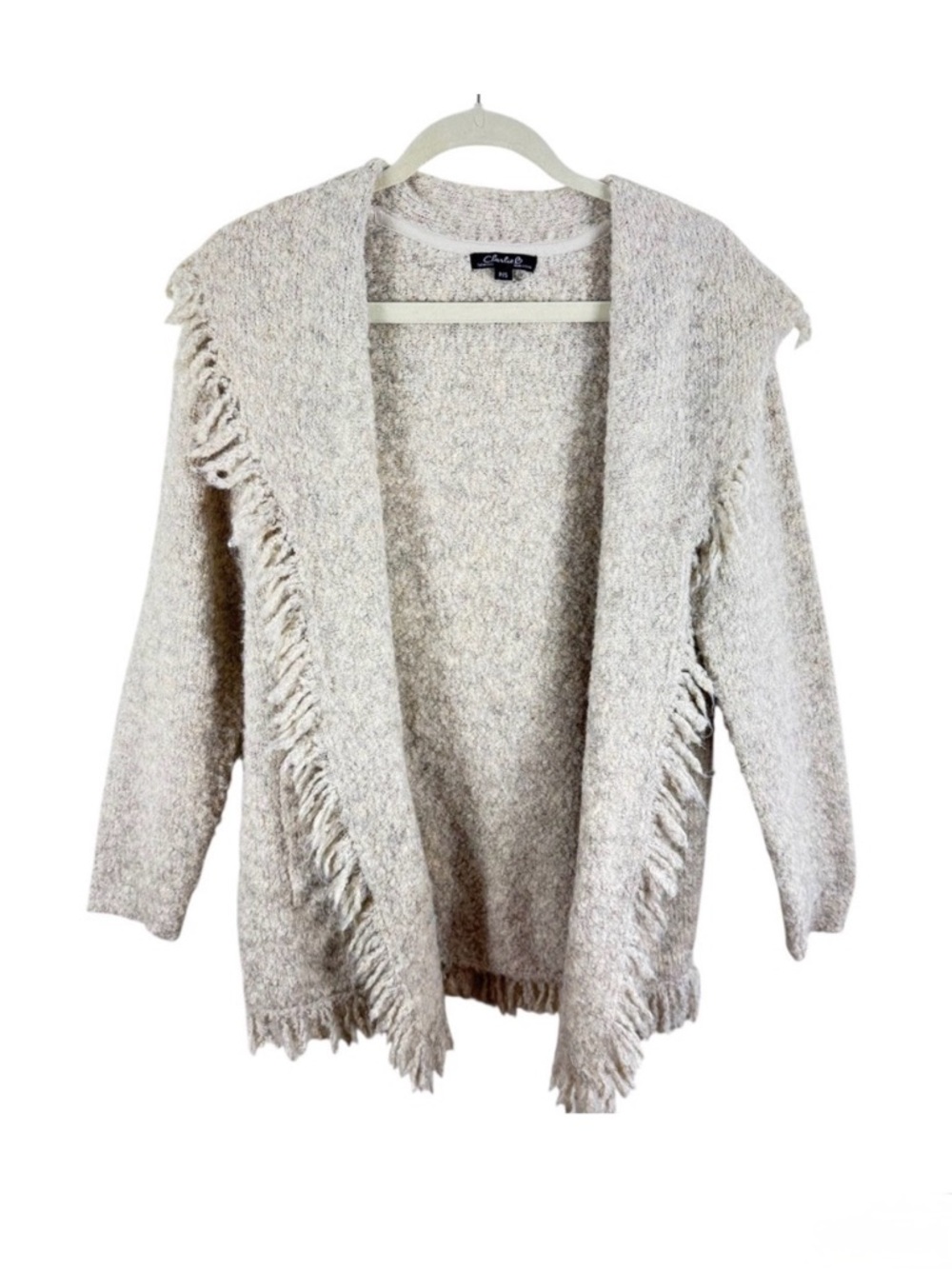 Charlie B Women Knit Open Front Fringe Cardigan Sweater Size S Beige